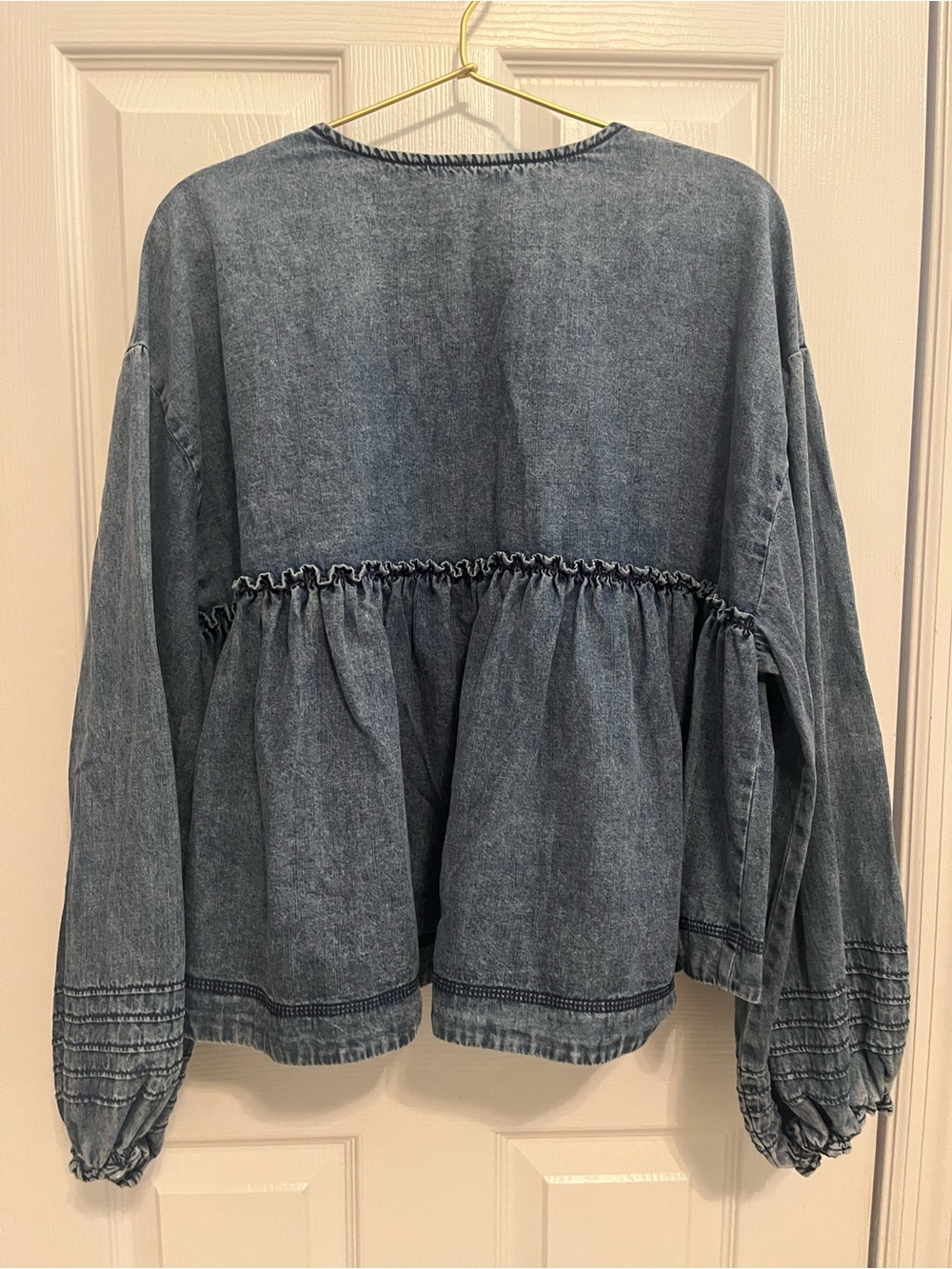 Free People Blue Denim Wash Babydoll Peplum Balloon Sleeve Top L - Picture 8 of 10